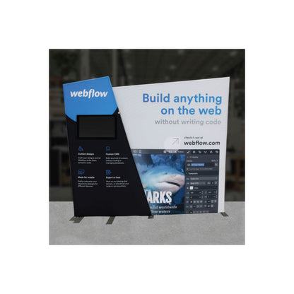 Trade show display booth with fabric backdrop and monitor stand promoting web building platform for exhibitions