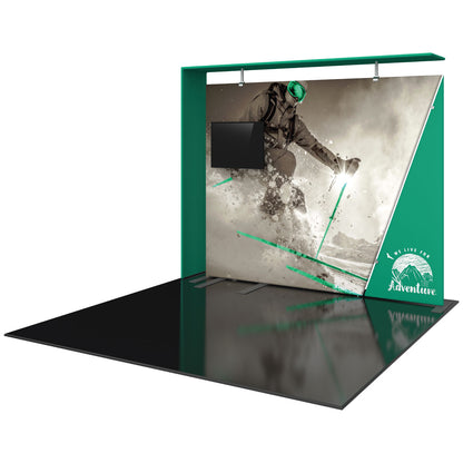 Trade show display with angled backdrop featuring winter sports graphic and mounted monitor for exhibitions