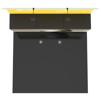 Compact 10ft trade show exhibit booth with overhead lights and branded header panel for exhibitions