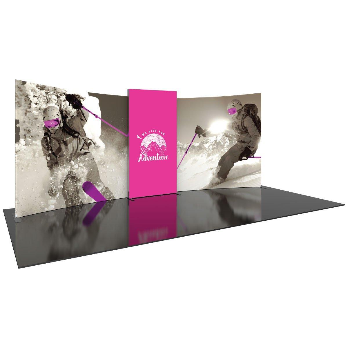 Curved trade show exhibition display with adventure skiing graphics and central branded panel