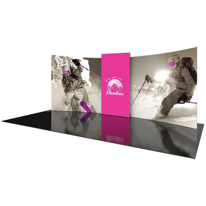 Trade show display featuring large curved panels with skiing adventure graphics and central branded panel