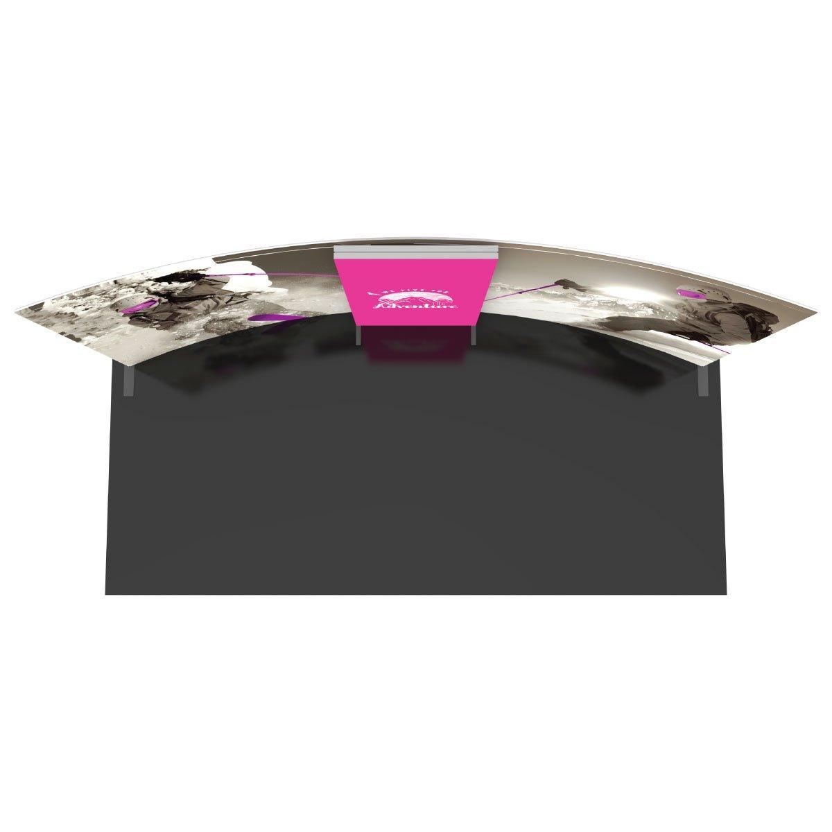 Curved trade show display booth with large graphics and central branded counter for exhibitions