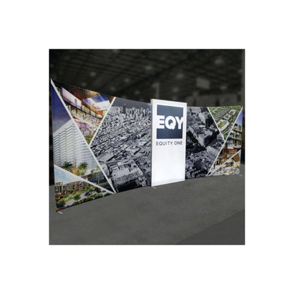 Large curved trade show display with EQY Equity One branding and urban architectural images