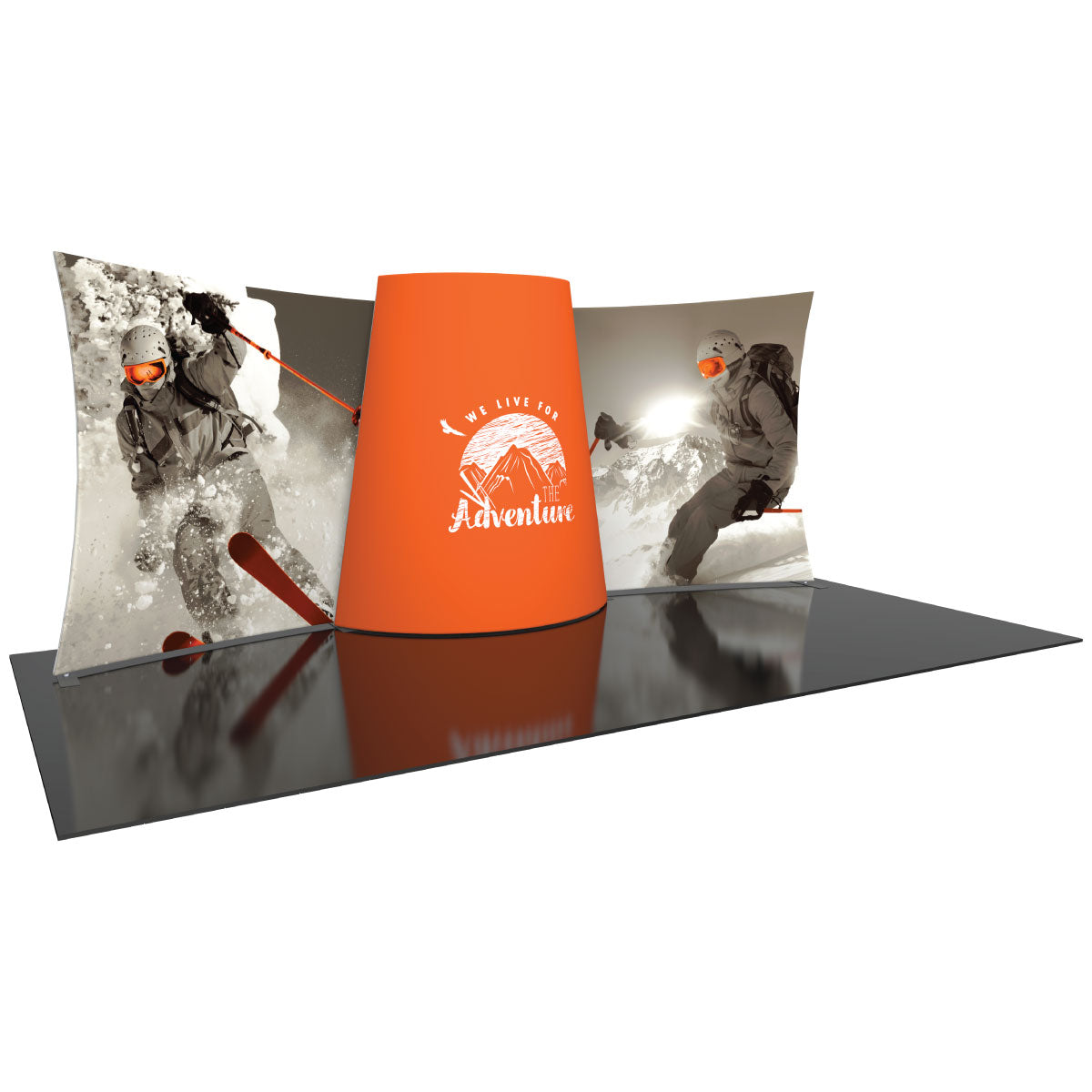 Curved trade show display with dynamic skiing adventure graphics and branded central podium for exhibitions
