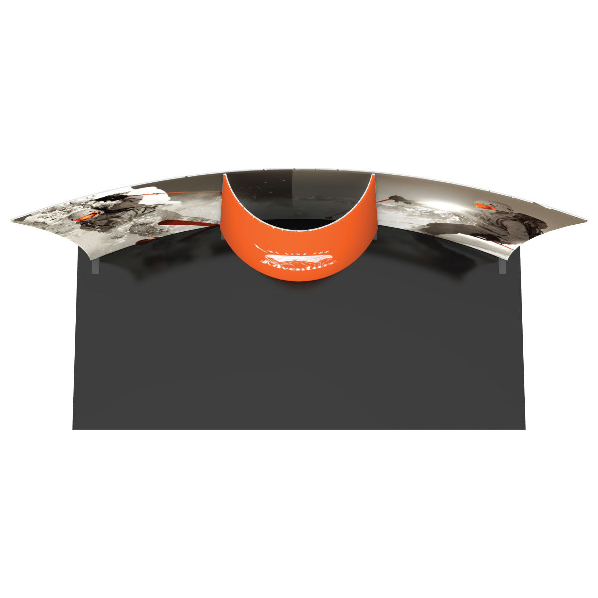 Curved trade show display with adventure-themed graphics and tunnel entrance for exhibitions