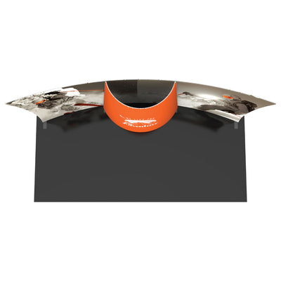 Curved trade show display with adventure-themed graphics and tunnel entrance for exhibitions