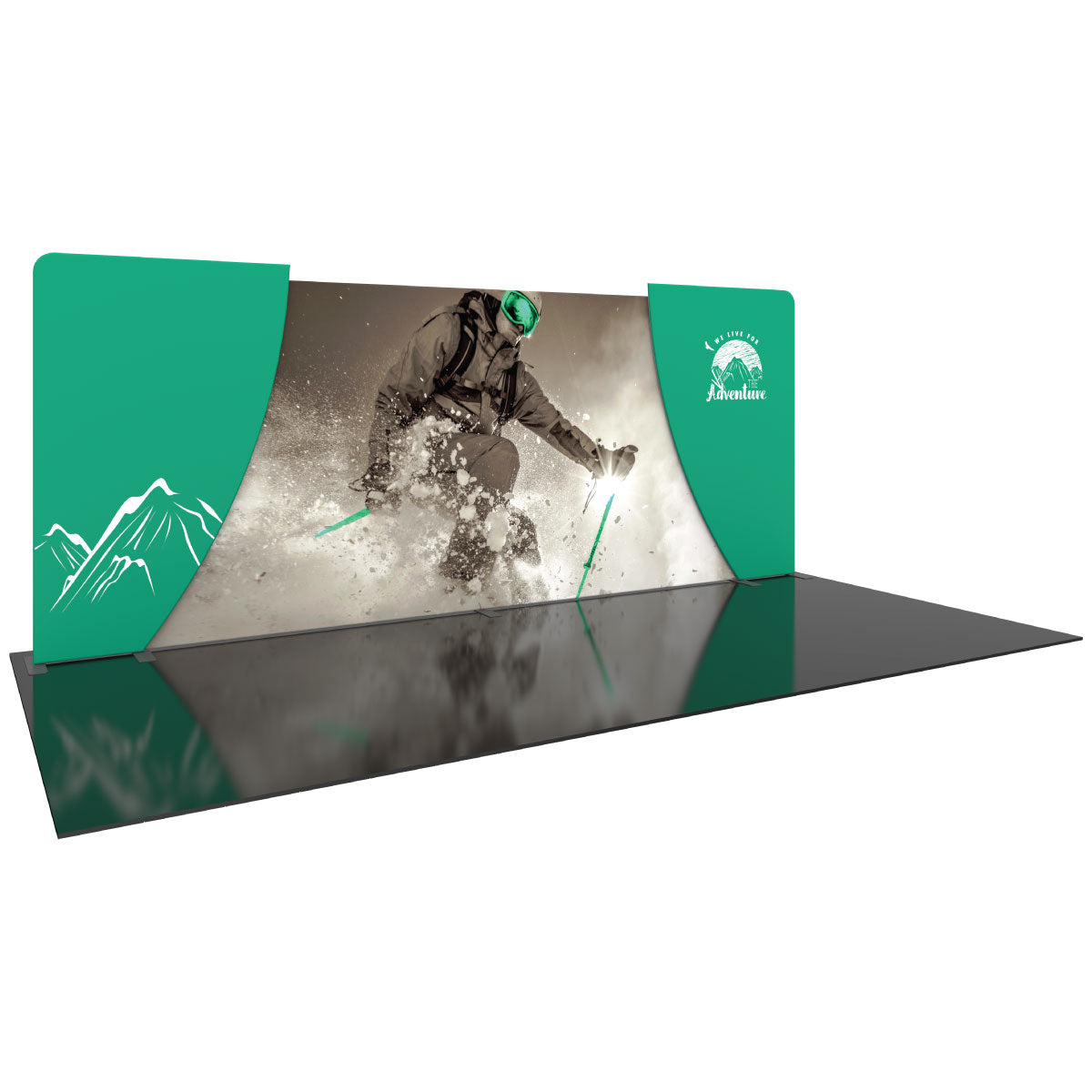 Trade show display featuring large action skiing graphic with mountain logos for exhibitions and events