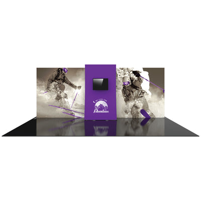 Trade show display with large adventure-themed graphics and central monitor for exhibitions and special events