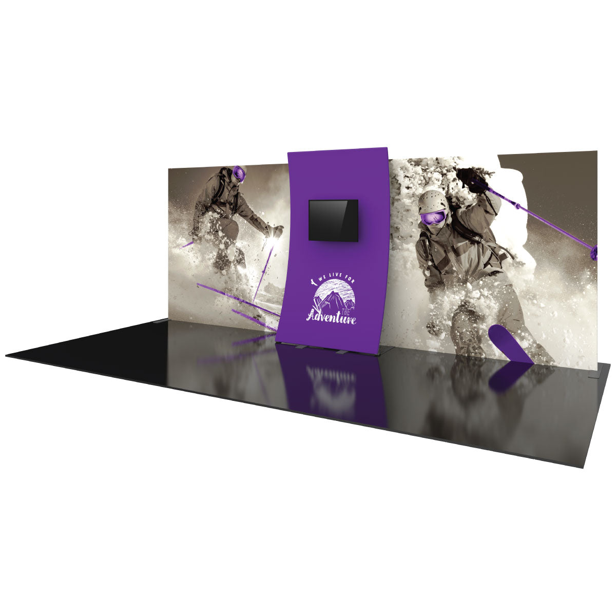 Trade show display booth with large skiing adventure graphics and central curved panel with monitor for exhibitions