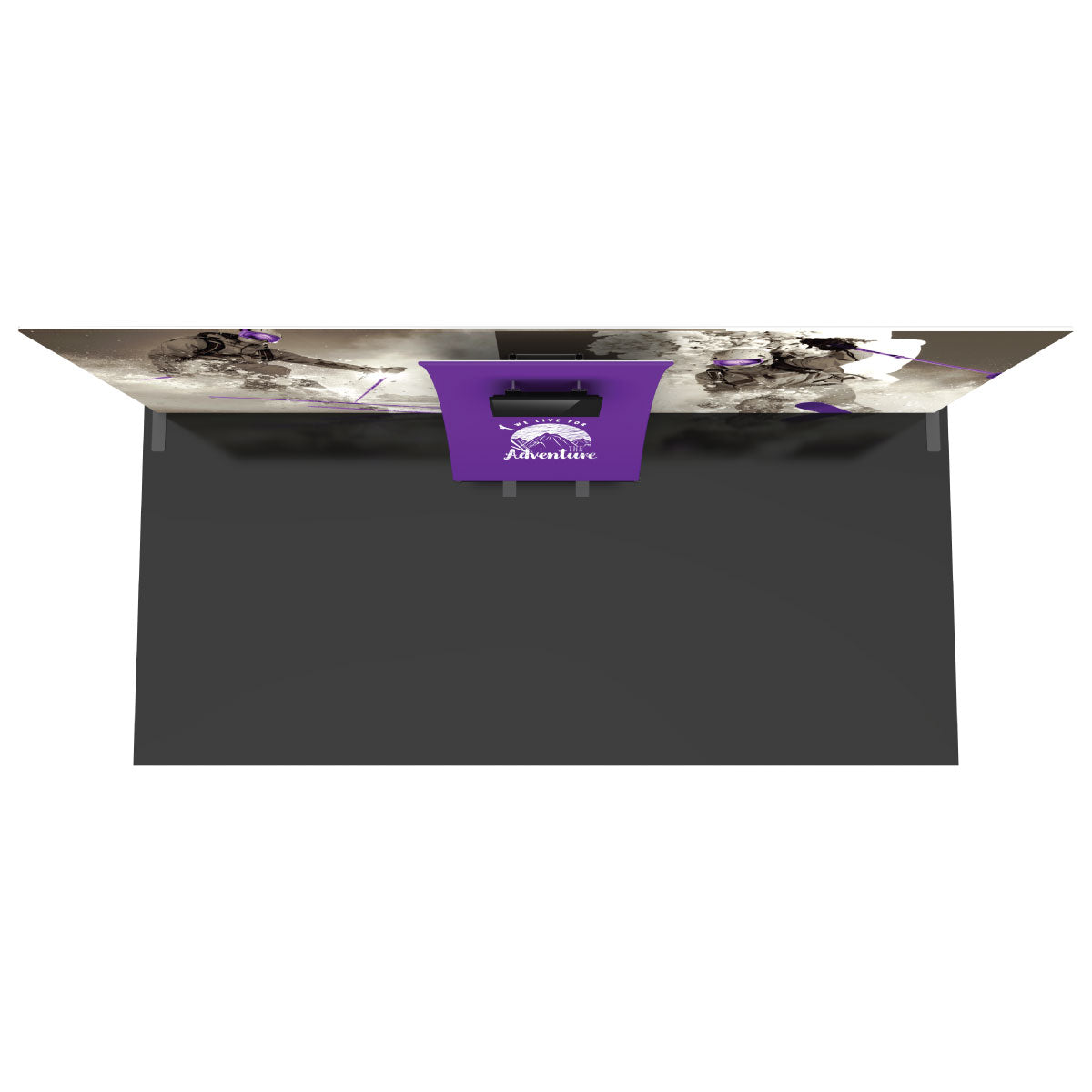 Trade show exhibit display with large adventure sports graphics and central counter for exhibitions and events