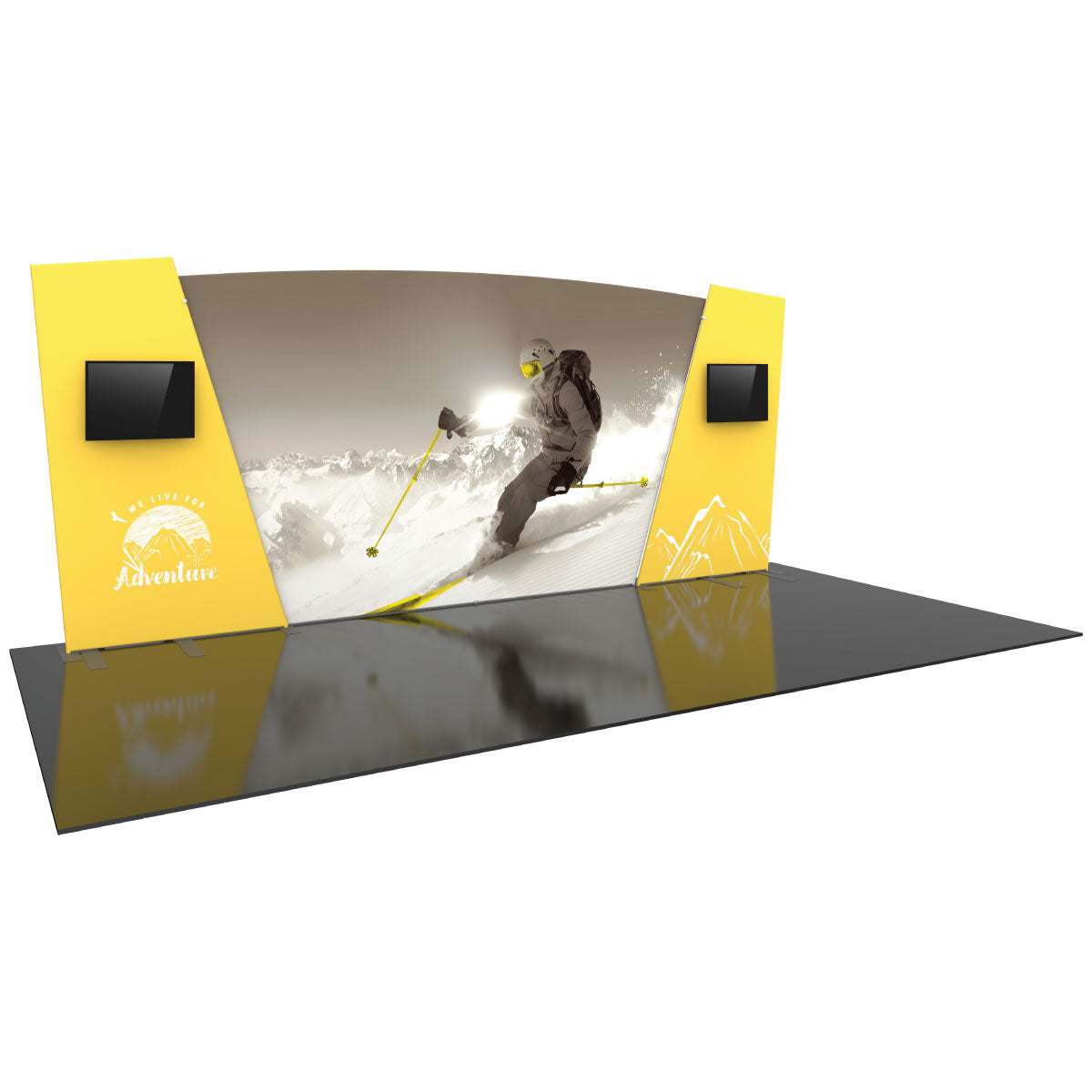 Large curved trade show display with skiing graphic and two side panels with mounted monitors for exhibitions and events