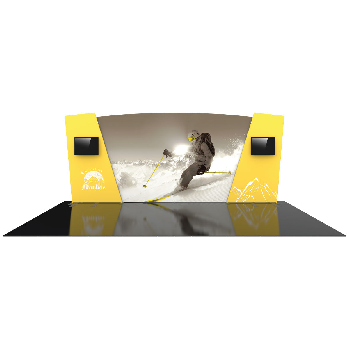 Trade show display with large curved graphic of skier and two mounted monitors for exhibitions and events