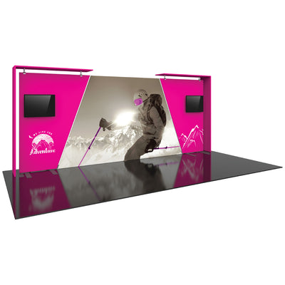 Trade show display booth with large adventure sports graphic and dual monitor mounts for exhibitions