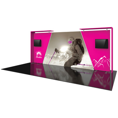 Trade show display booth featuring a large central graphic of a skier and side panels with mounted screens and mountain graphics