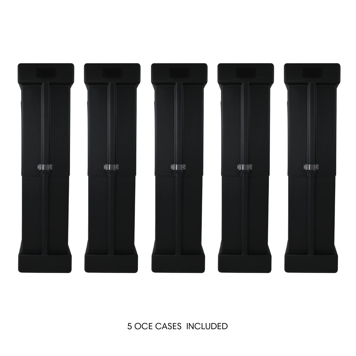 Set of five durable carrying cases for trade show and exhibition display equipment