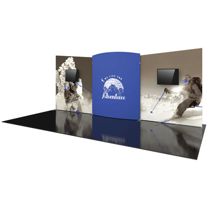 trade show display with curved and flat panels featuring adventure sports graphics and mounted screens
