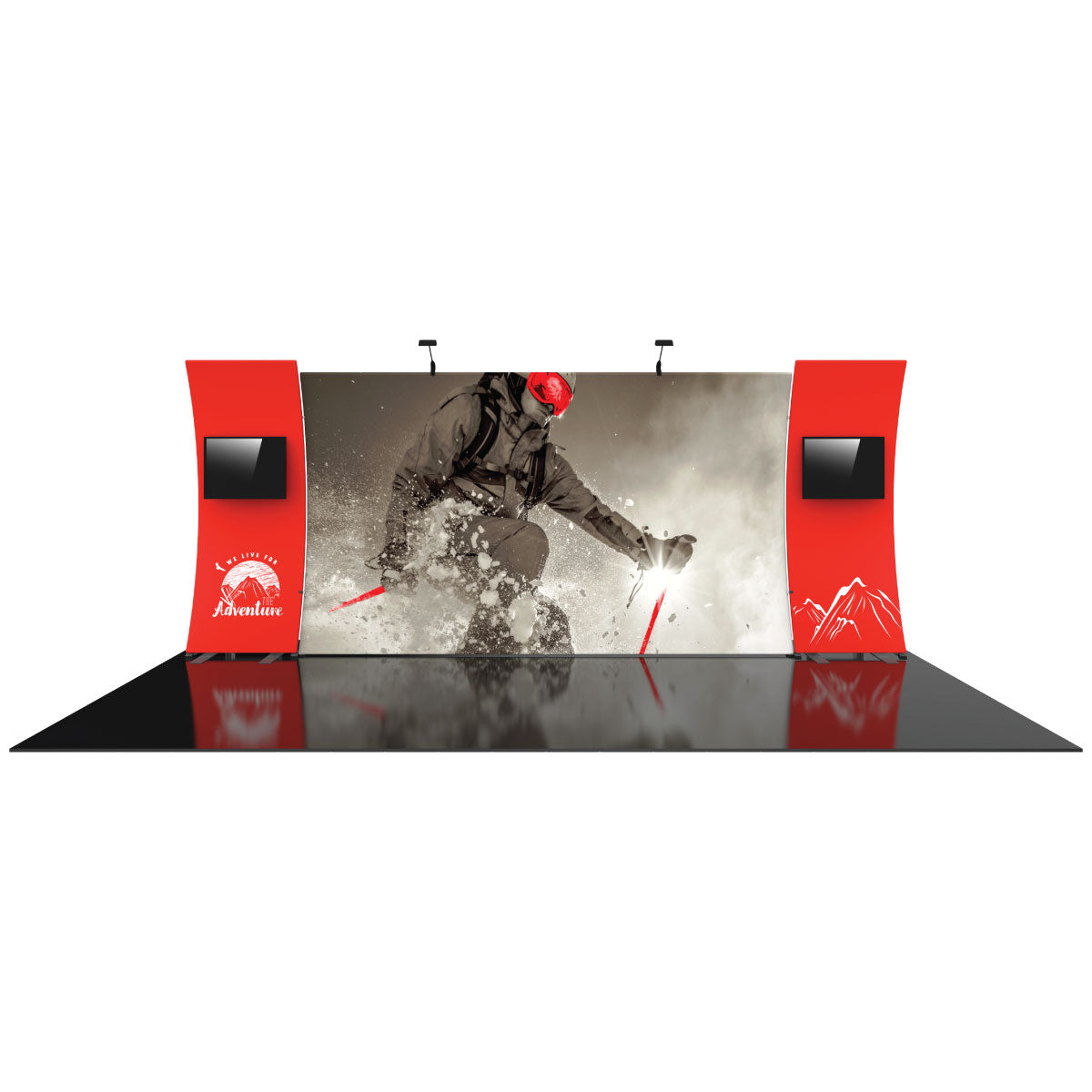 Trade show exhibit display featuring large action sports backdrop with skier and dual side panels with mounted monitors for exhibitions and events