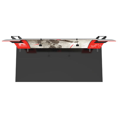 Trade show display with curved overhead frame, graphic panels, and spotlights for exhibitions