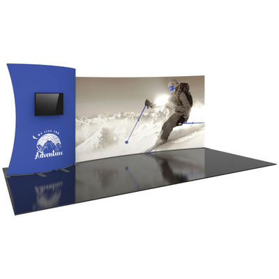 Curved trade show display with large mountain skiing graphic and monitor for exhibitions and events