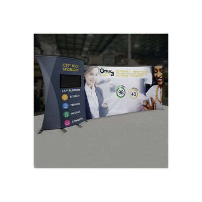Trade show display booth with curved backdrop and screen featuring Century 21 business growth tools