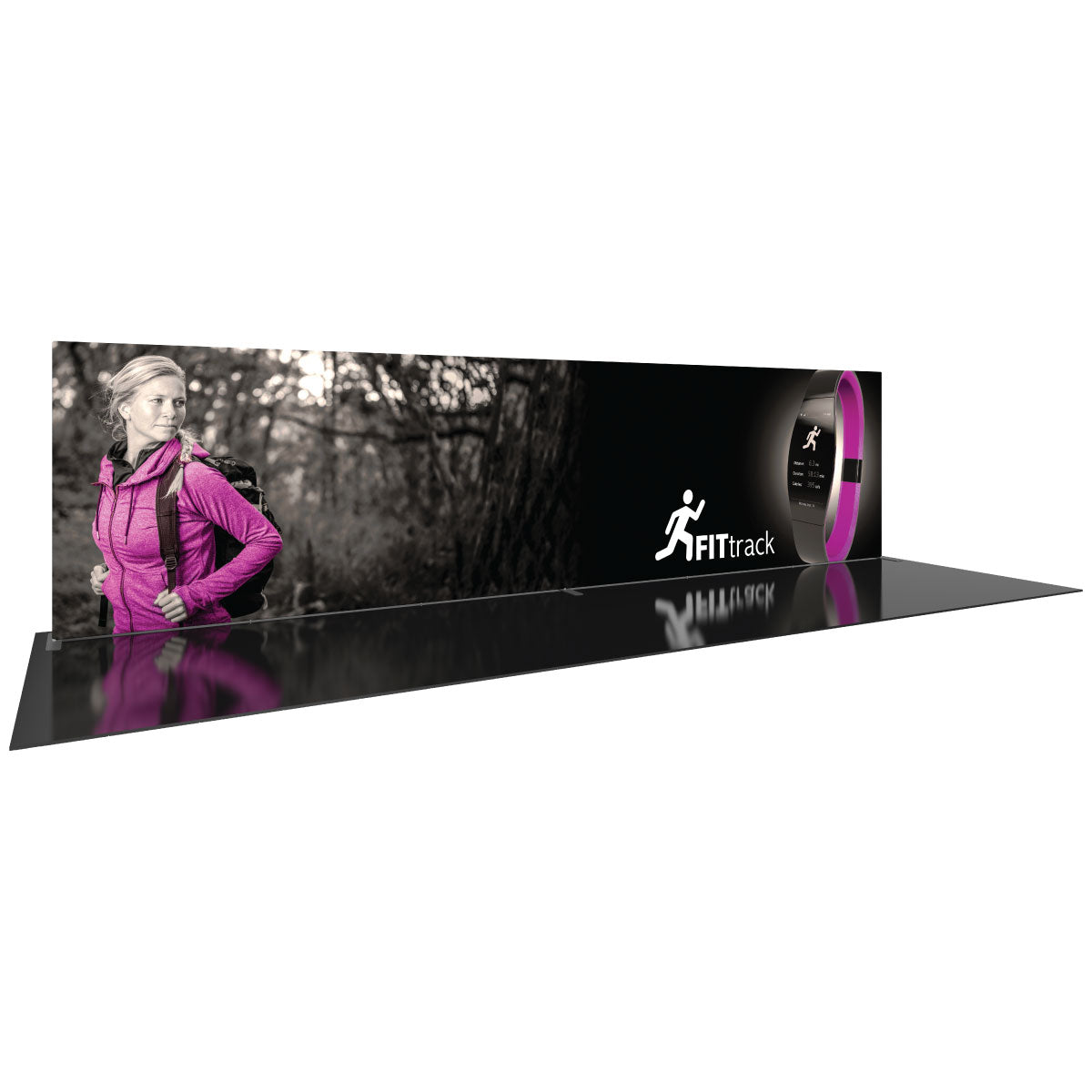 Large trade show pop-up display with fitness tracker branding and outdoor hiking image