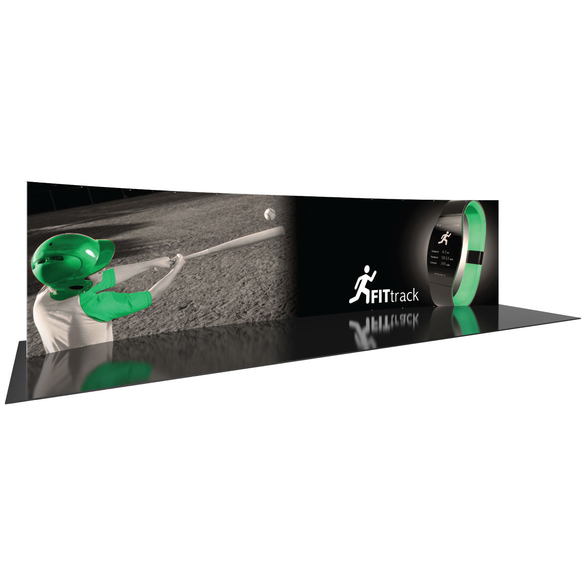 Curved trade show display with sports-themed graphics and fitness tracker branding for exhibitions