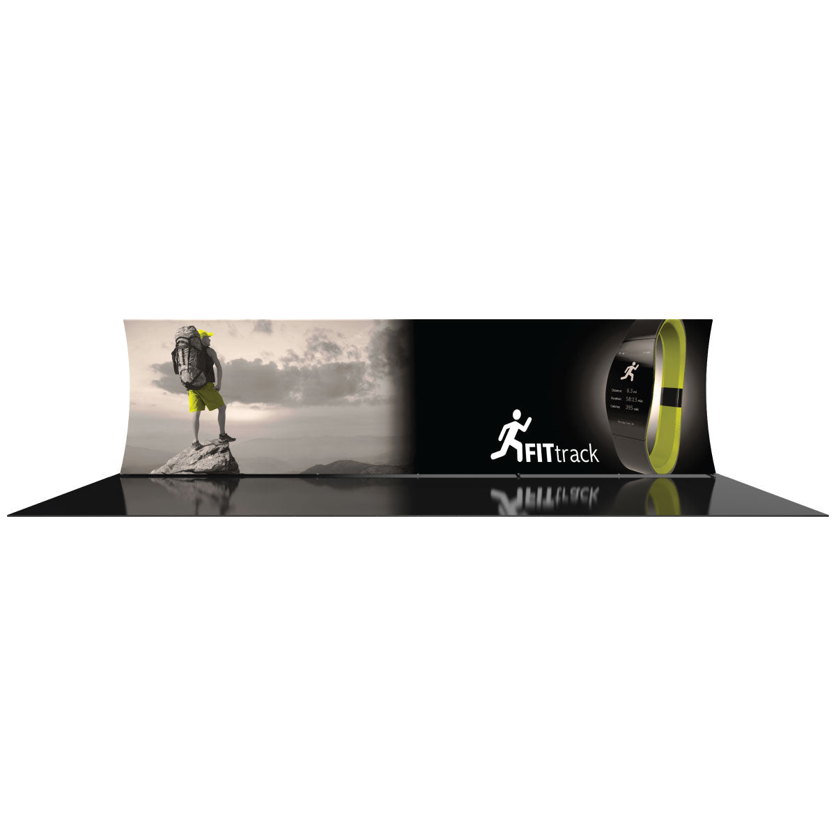 Curved trade show display featuring hiking and fitness tracker branding for exhibitions and events