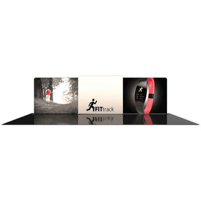 Modular three-panel trade show display featuring fitness tracking imagery and logo for exhibitions