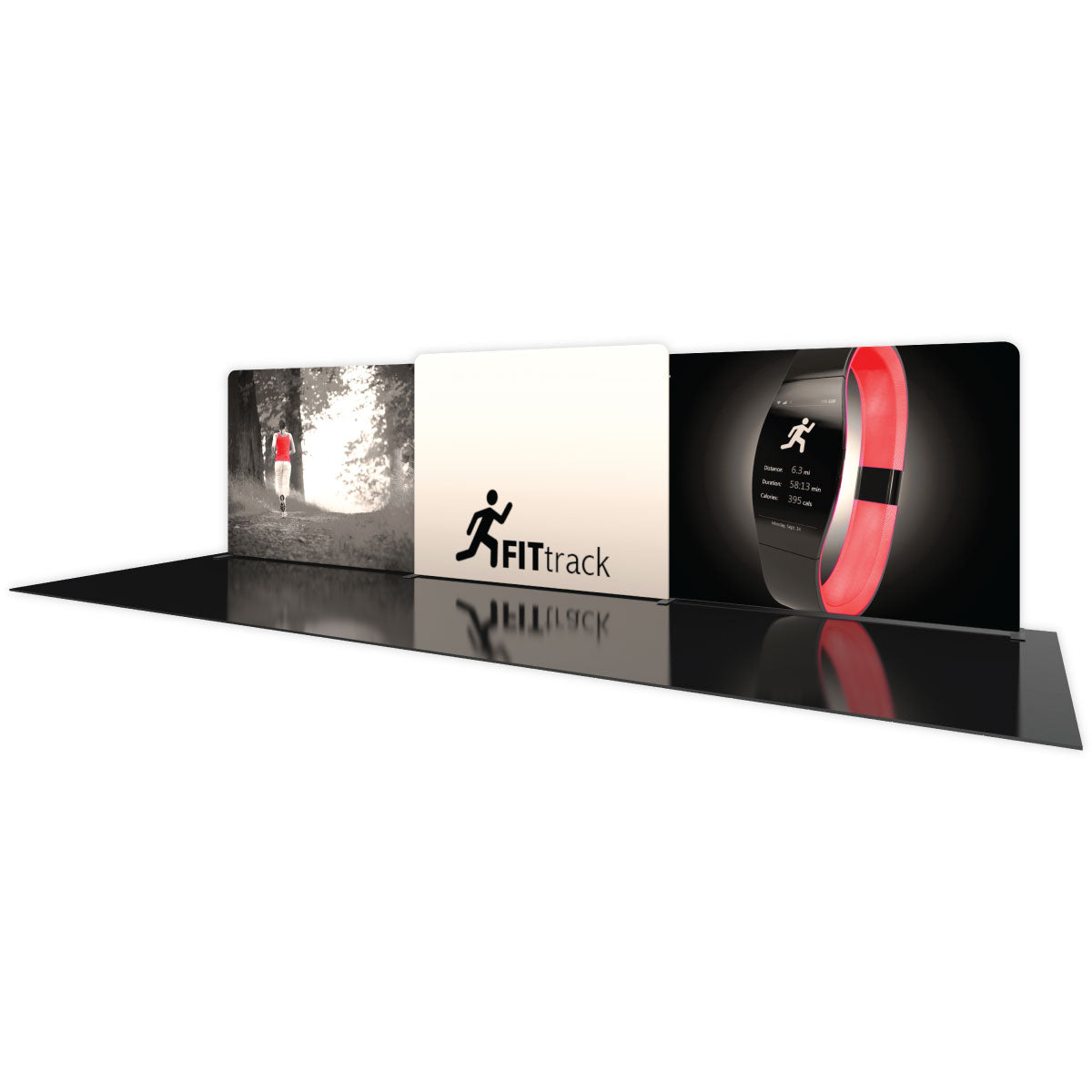 Trade show display featuring fitness tracker branding and product images for exhibitions and special events