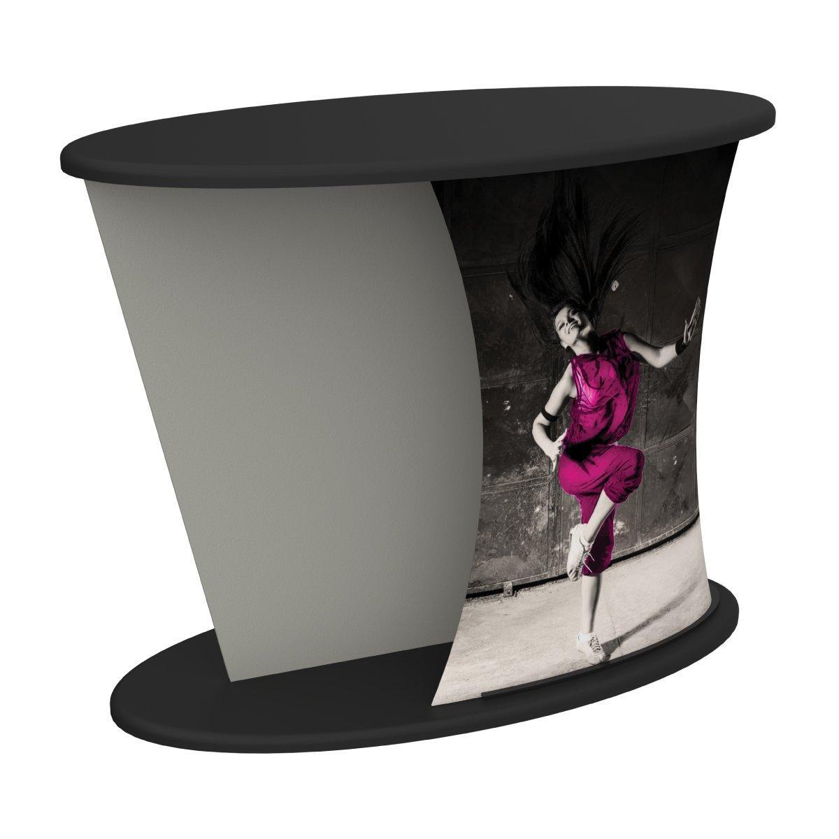 Ellipse shaped trade show counter with custom printed fabric graphic of dancing woman for exhibitions and events