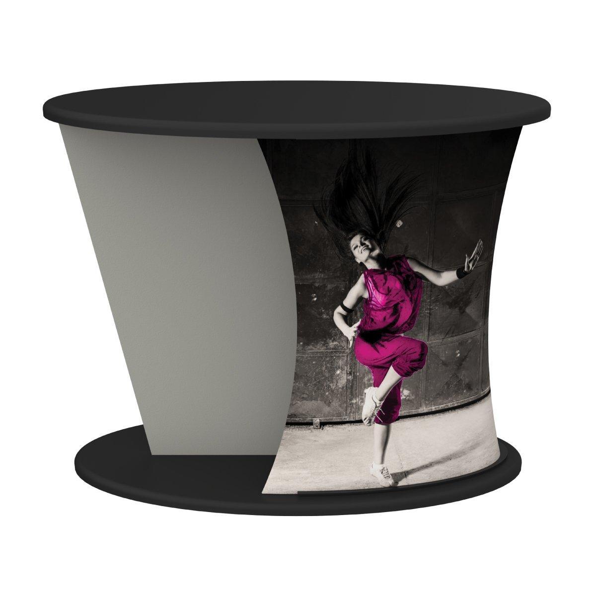 Ellipse trade show counter featuring customizable graphic wrap for exhibitions and special events