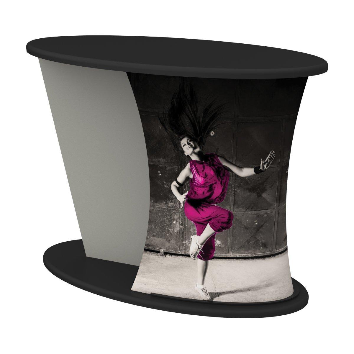 Curved promotional trade show counter with graphic print of dancer in motion for exhibitions and events