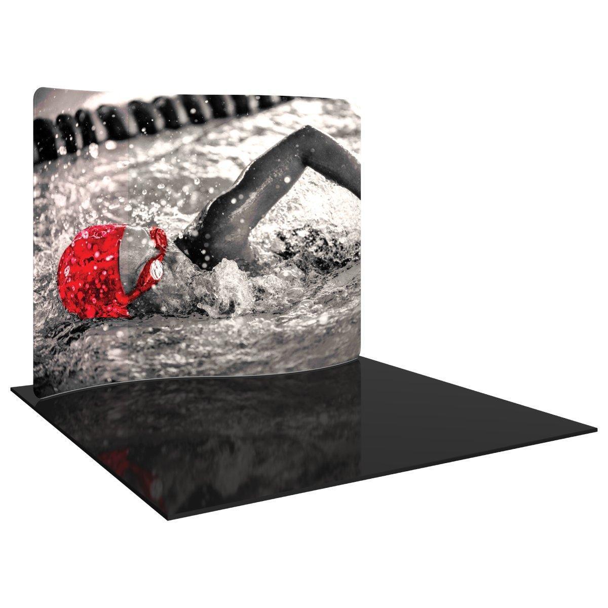 Serpentine trade show display featuring large swimmer graphic for exhibitions and events