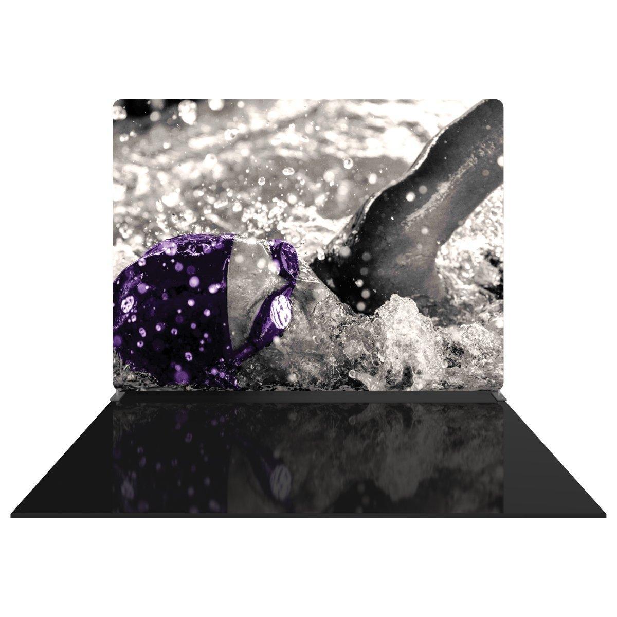 Trade show display featuring a swimmer image in action, ideal for exhibitions and events