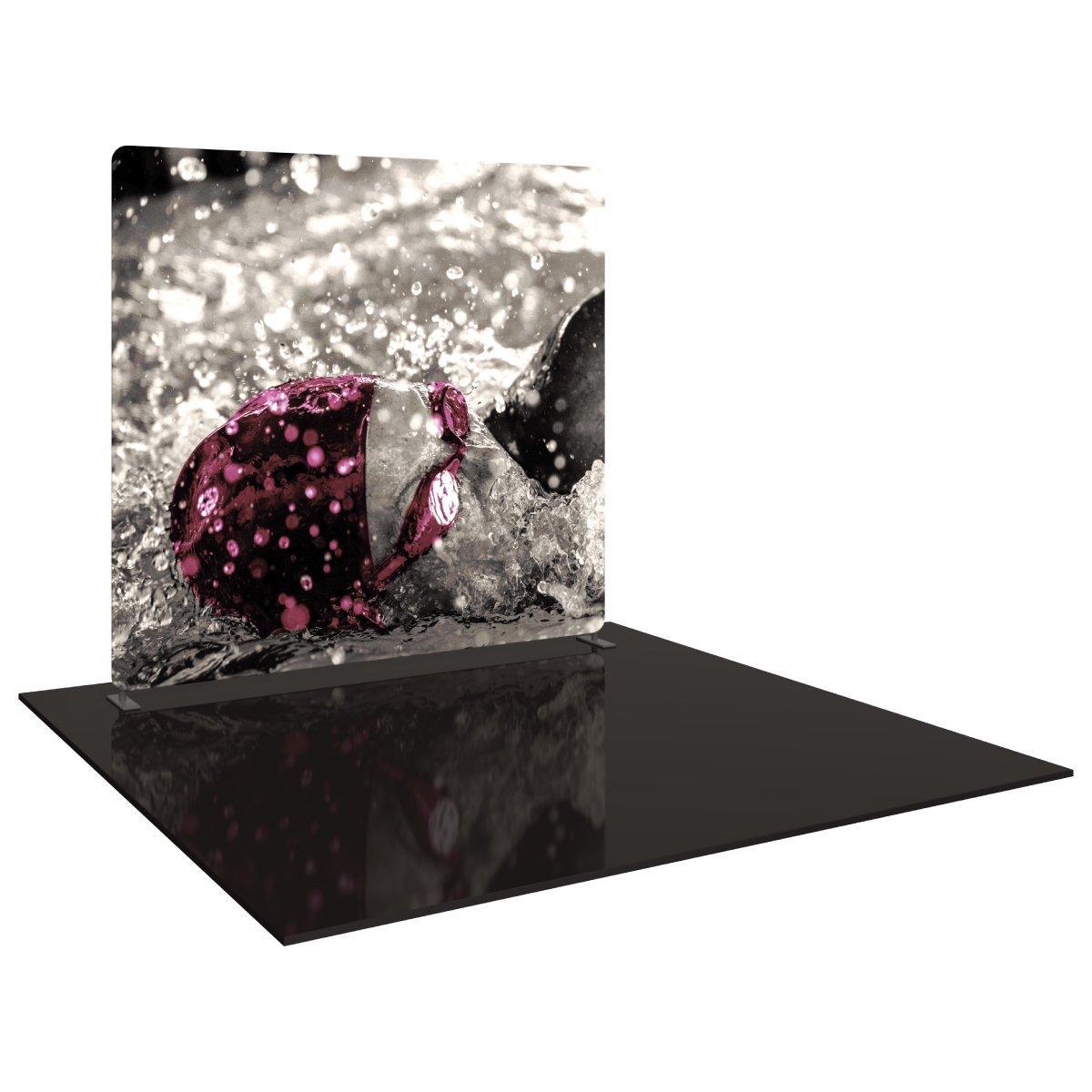 Curved tension fabric trade show display with high-resolution swimmer graphic for exhibitions and events