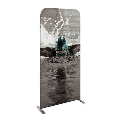 Freestanding trade show display banner featuring a swimmer in action for exhibitions and events