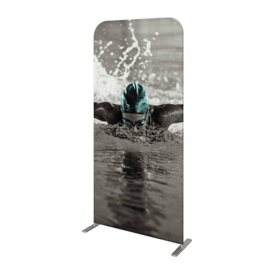 Tall fabric trade show banner display featuring swimmer in action for exhibitions and special events