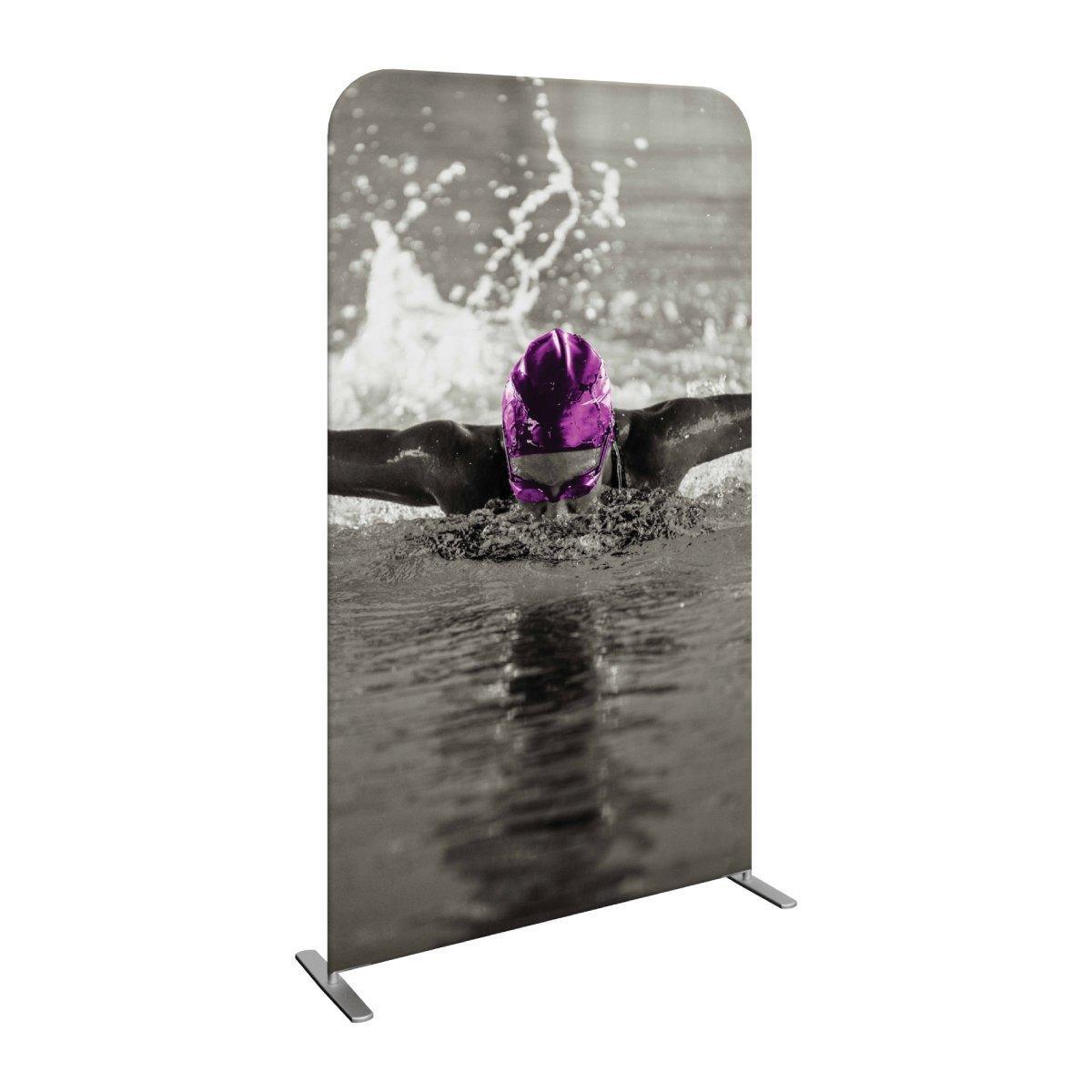 Trade show fabric banner with high-impact swimmer image for exhibition and event displays