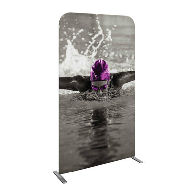 Trade show fabric banner with high-impact swimmer image for exhibition and event displays