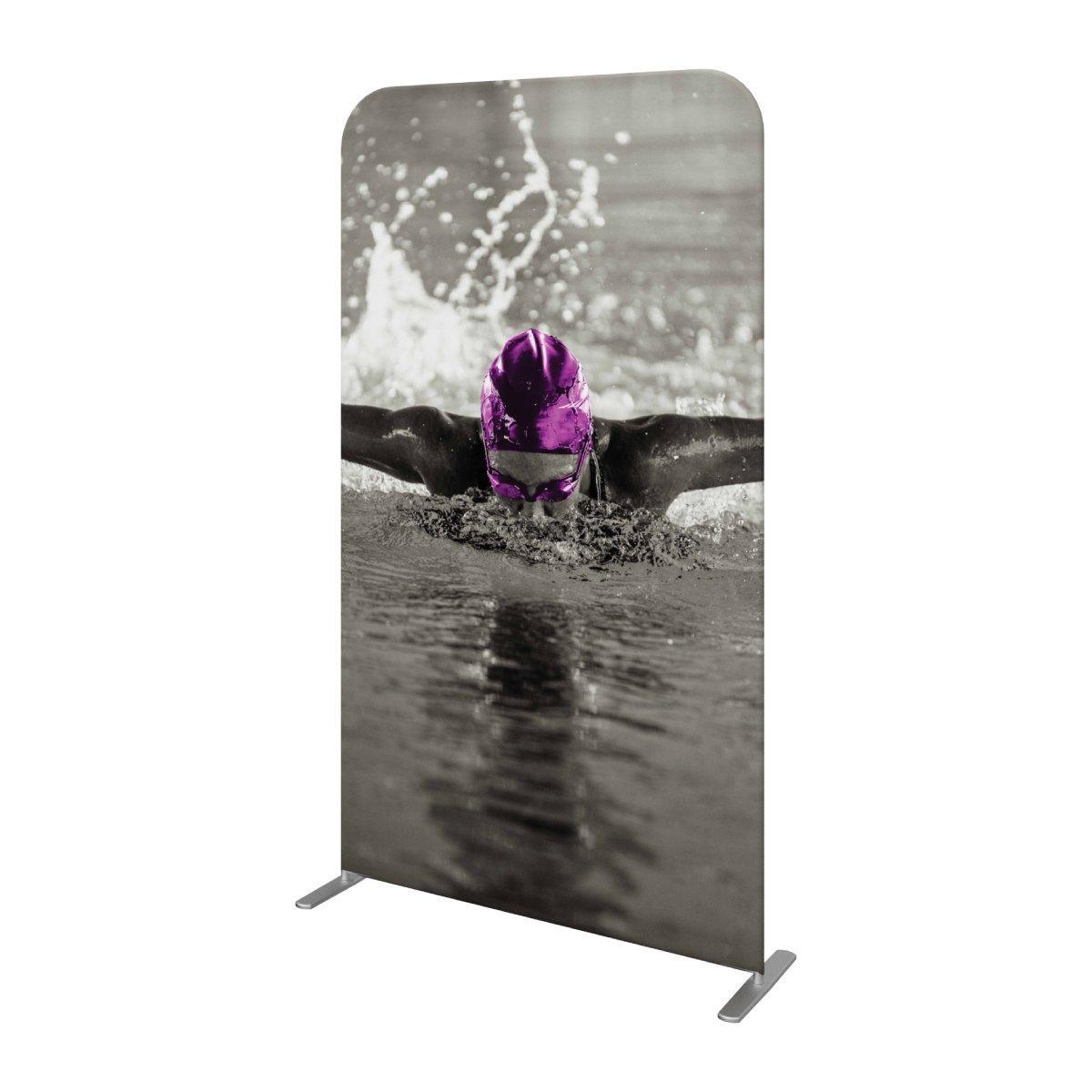 Tall fabric display banner featuring dynamic swimmer image for trade shows and exhibitions