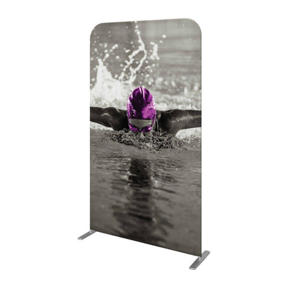 Tall fabric display banner featuring dynamic swimmer image for trade shows and exhibitions