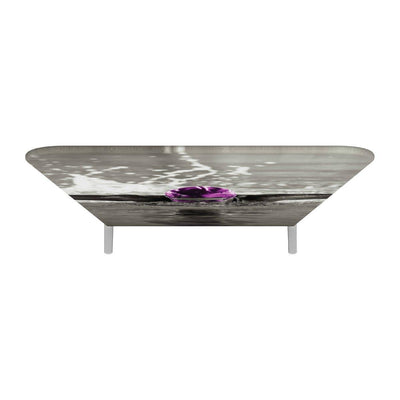 Trade show counter table with custom graphic wrap featuring a water ripple design for exhibitions and event displays