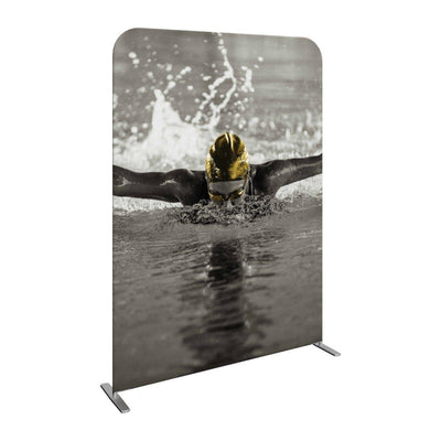 Trade show display banner featuring a swimmer in action for exhibitions and events