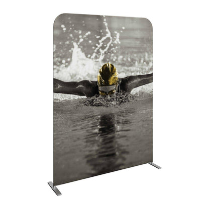 Trade show display banner featuring a swimmer in action for exhibitions and events