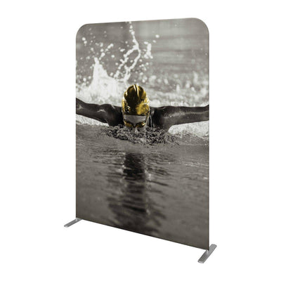 Large fabric trade show display featuring swimmer in action with water splash for exhibitions and events