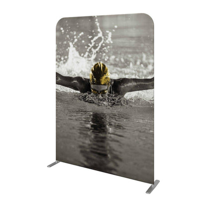 Large fabric trade show display featuring swimmer in action with water splash for exhibitions and events