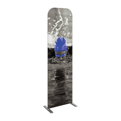 Tall freestanding trade show banner featuring dynamic swimmer image with water splash for exhibitions