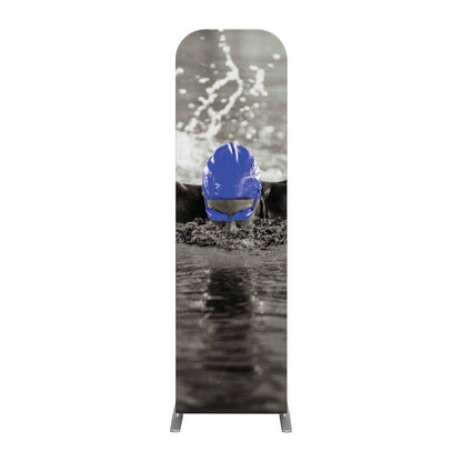 Tall fabric trade show banner featuring swimmer in water with splashing droplets, ideal for exhibitions