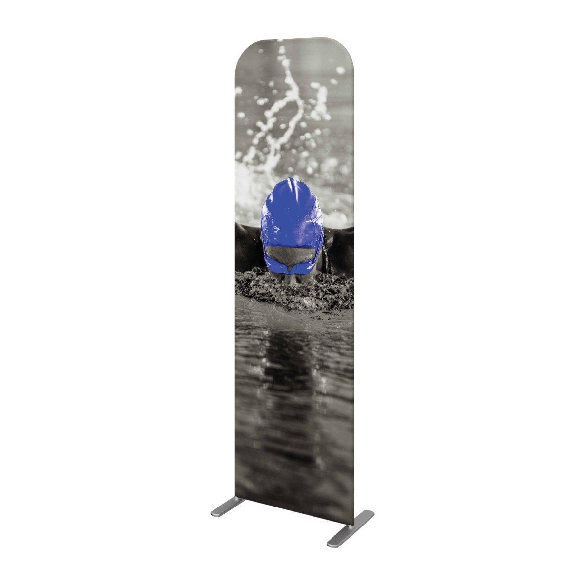 Tall trade show banner display featuring a swimmer in action with water splash detail