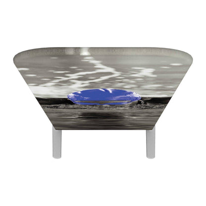 Rectangular trade show table with ocean wave and surfboard graphic on display surface